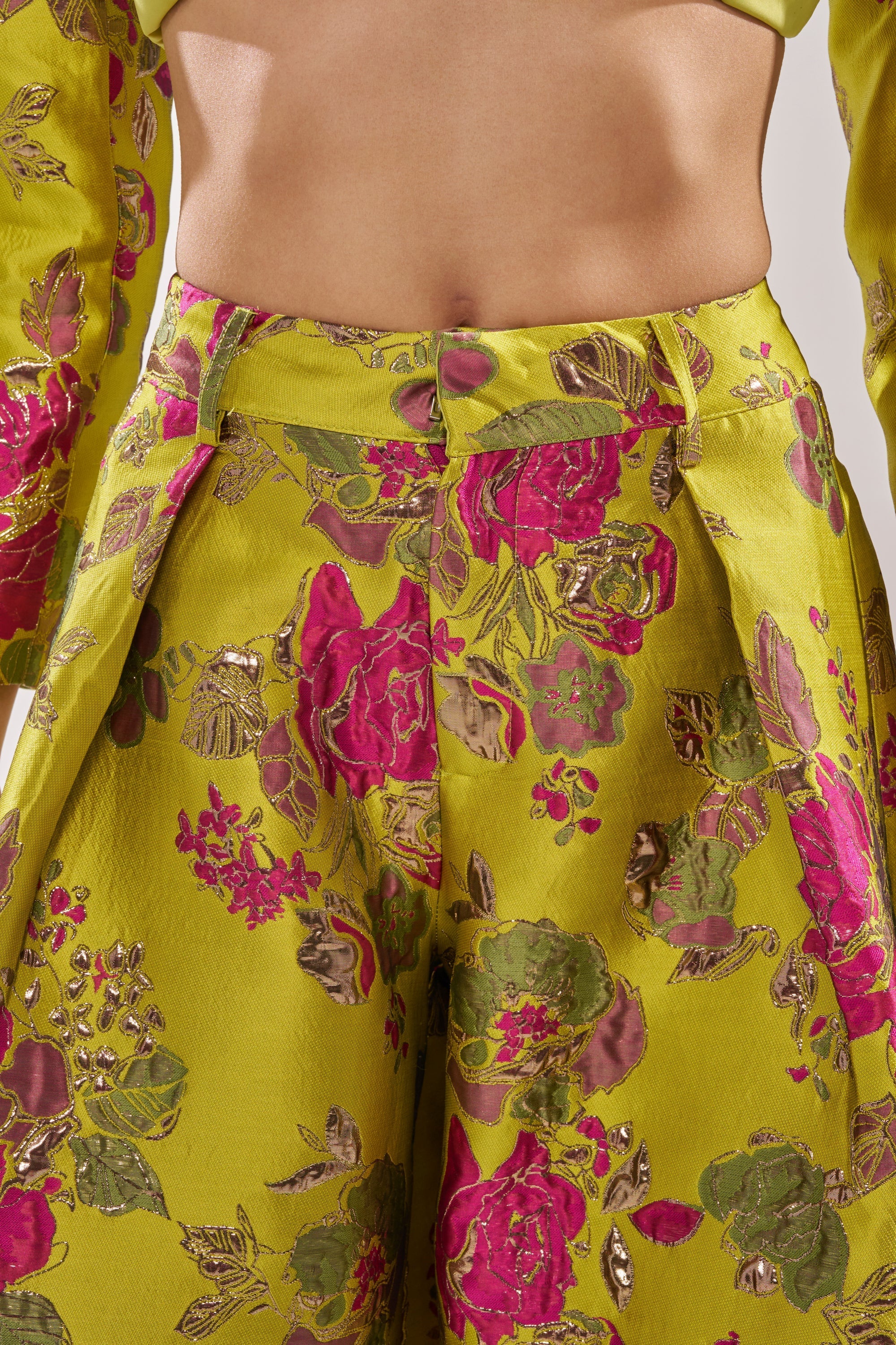 BUY MYSELF FLOWERS BROCADE TROUSER IN LIME