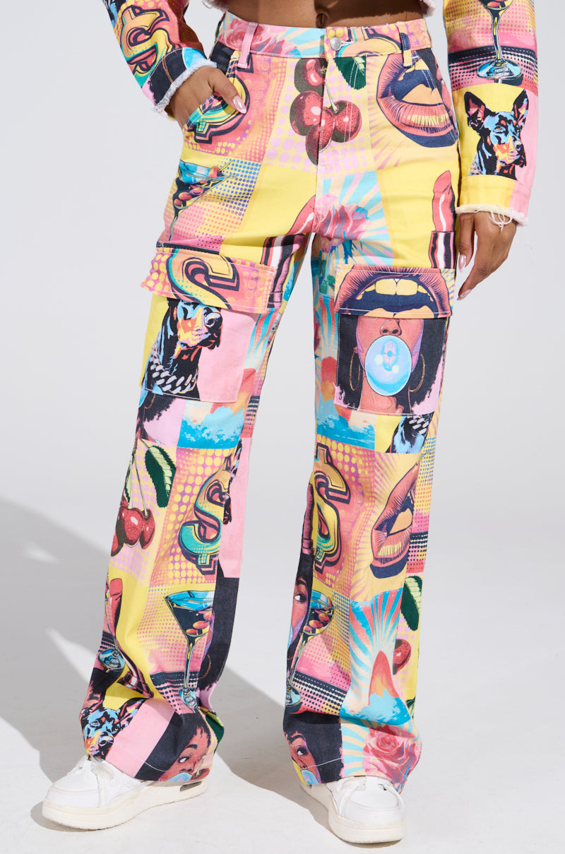 ELECTRIC PRINTED DENIM CARGO PANTS