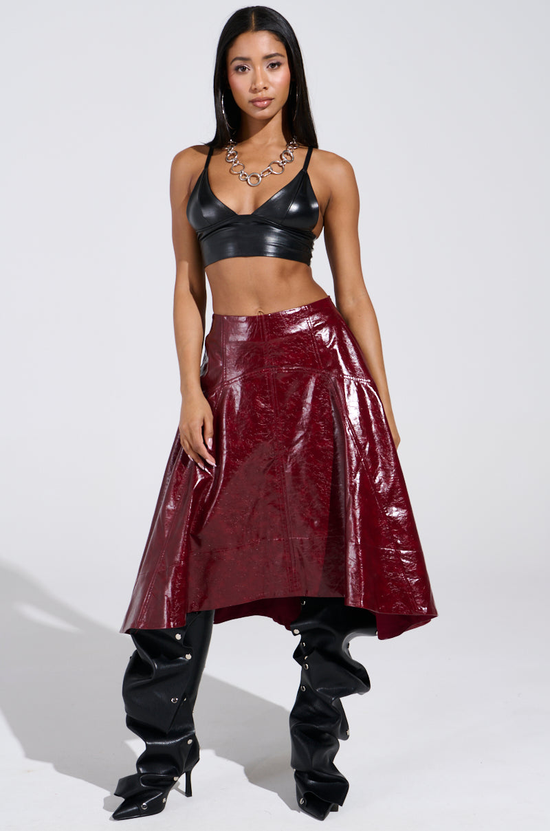 THINK ABOUT IT FAUX LEATHER MIDI SKIRT IN BURGUNDY