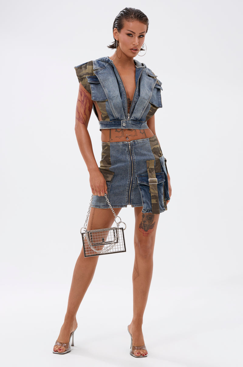 DOWN AND DIRTY CAMO DENIM MINI SKIRT