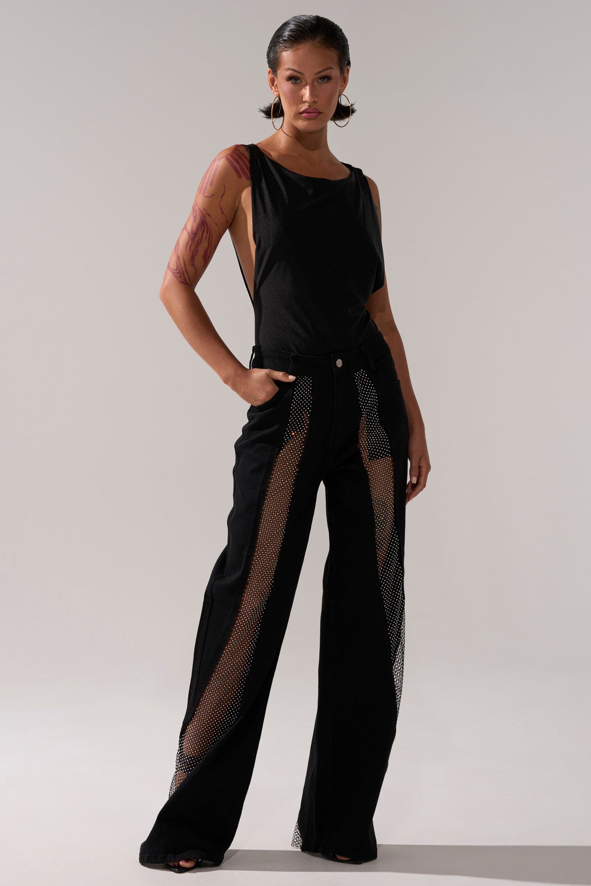 SOMETHING DIFFERENT RELAXED DENIM WITH RHINESTONE MESH