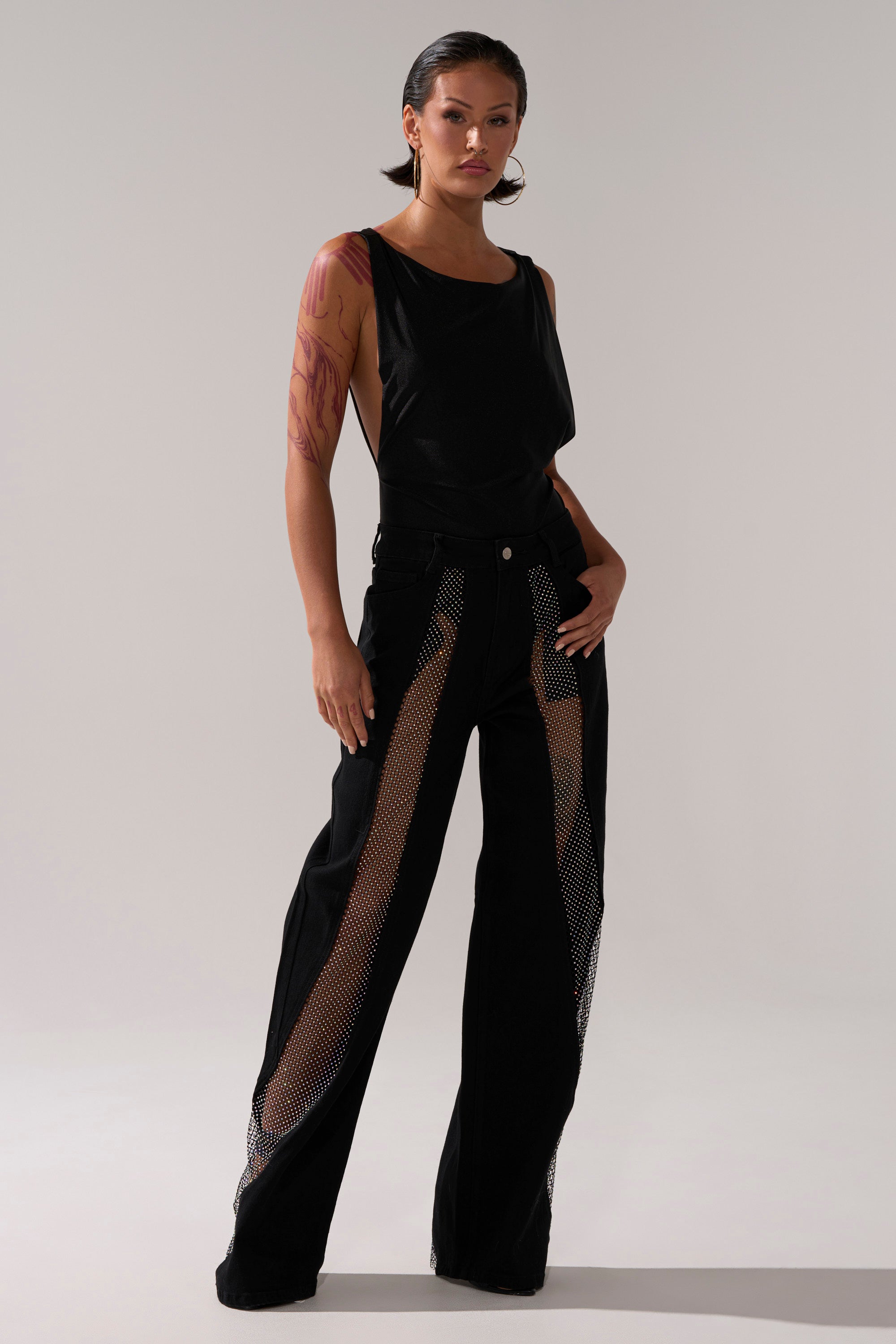 SOMETHING DIFFERENT RELAXED DENIM WITH RHINESTONE MESH