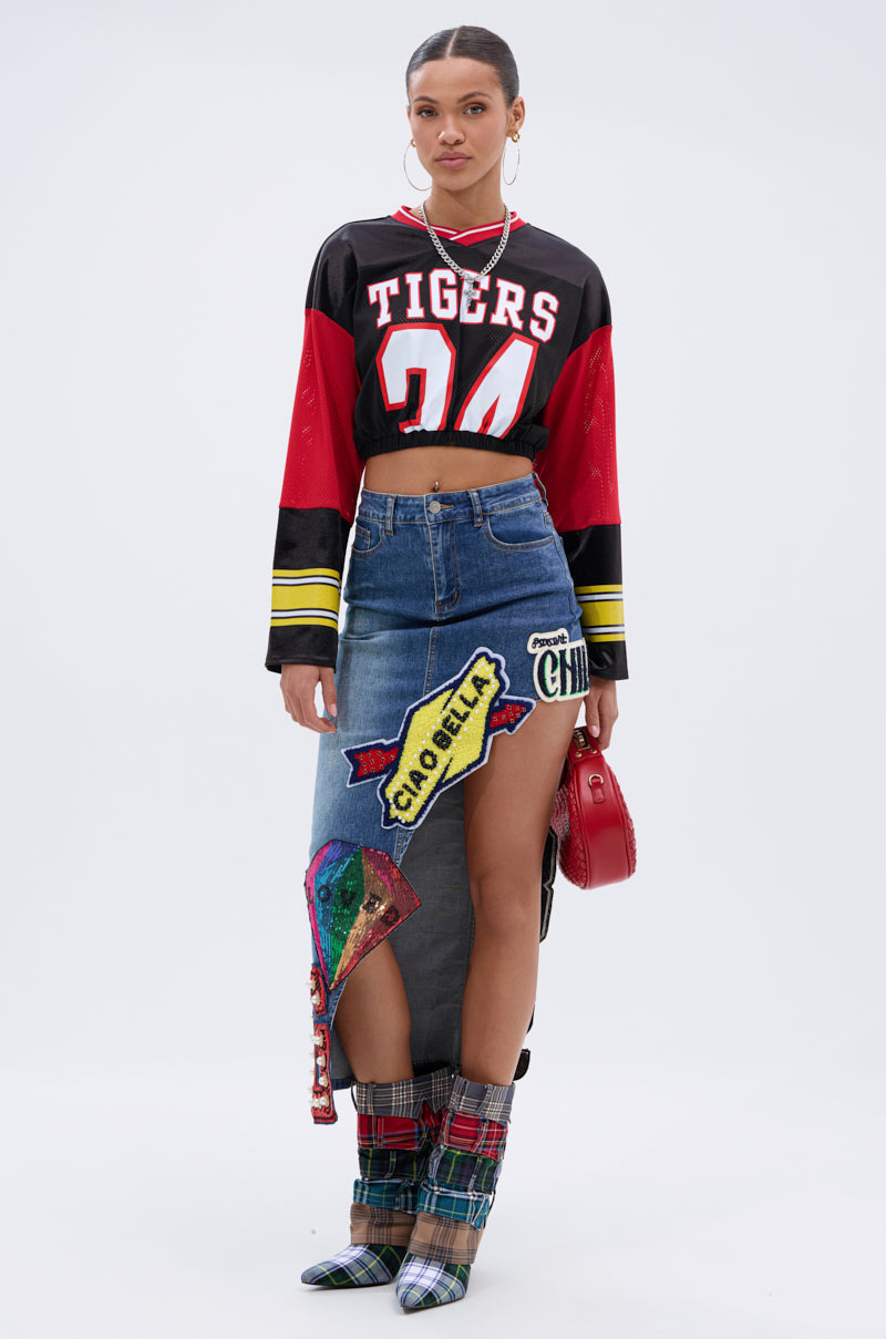 VARSITY SQUAD DENIM GRAPHIC MIDI SKIRT
