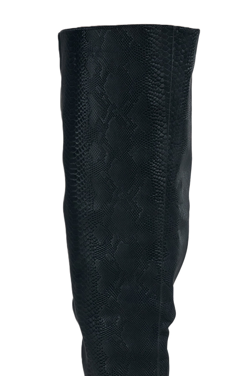 AZALEA WANG ASA BLACK SNAKE OPEN WEDGE THIGH HIGH BOOT