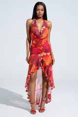UP IN FLAMES RUFFLE MIDI SKIRT