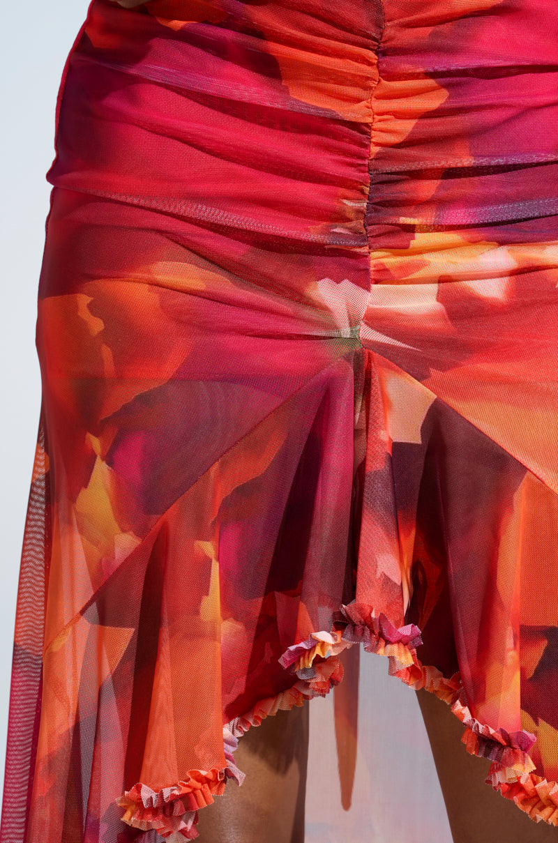 UP IN FLAMES RUFFLE MIDI SKIRT