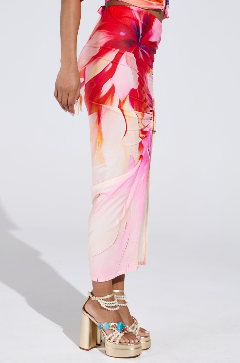 WILD FIRE FLORAL MIDI SKIRT WITH SLIT