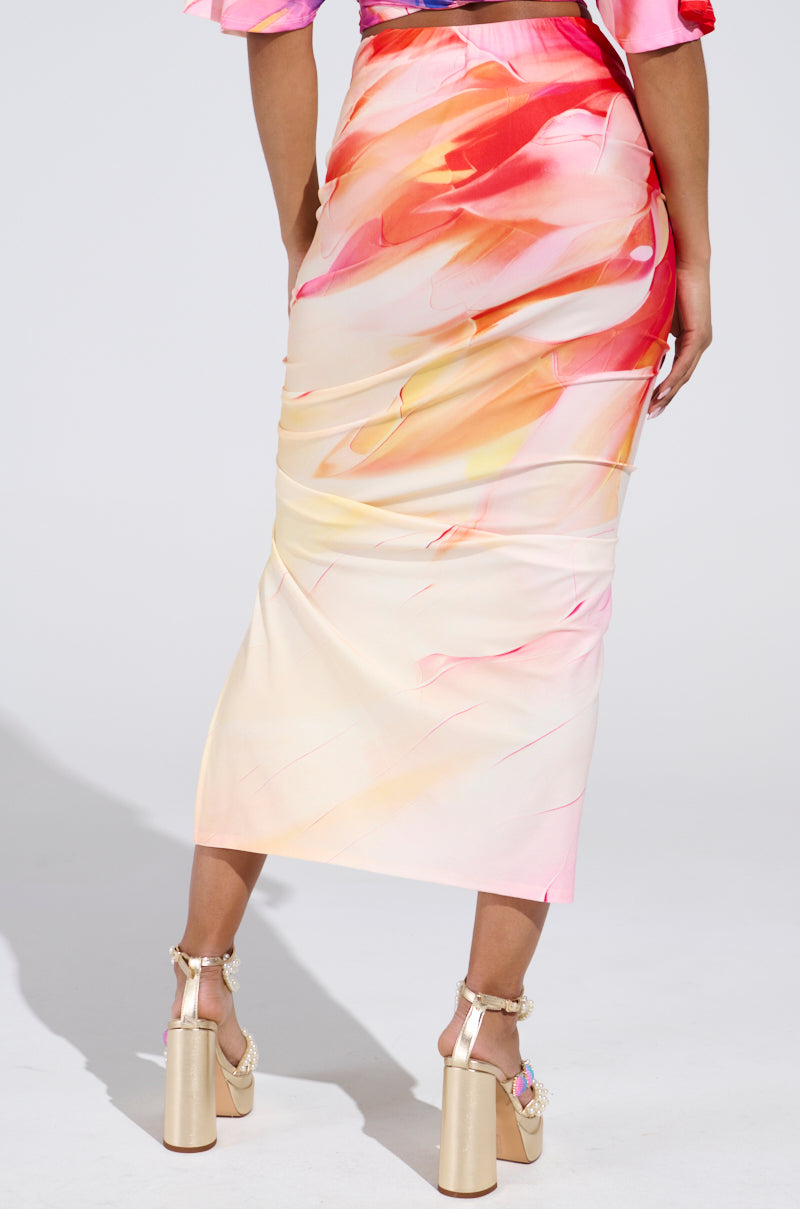 WILD FIRE FLORAL MIDI SKIRT WITH SLIT