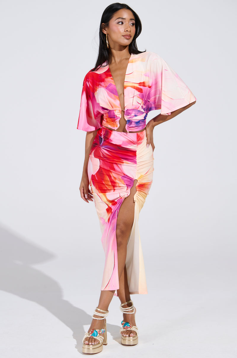 WILD FIRE FLORAL MIDI SKIRT WITH SLIT
