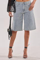 BLING BLING RHINESTONE BERMUDA SHORT IN LIGHT BLUE DENIM