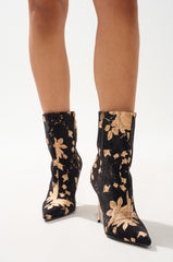 AZALEA WANG CALEAN BLACK MULTI BROCADE STILETTO BOOTIE