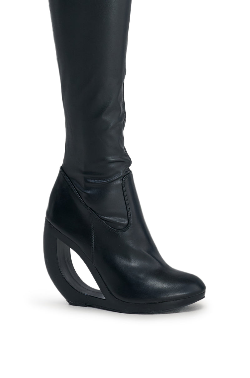AZALEA WANG CARSON BLACK 4 WAY STRETCH PU OVER THE KNEE OPEN WEDGE BOOT