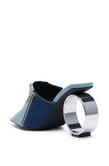 AZALEA WANG CORABEL DENIM AND ZIPPERS CIRCLE HEEL SANDAL