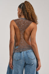 BRONZE BANDANA PRINT RHINESTONE TOP