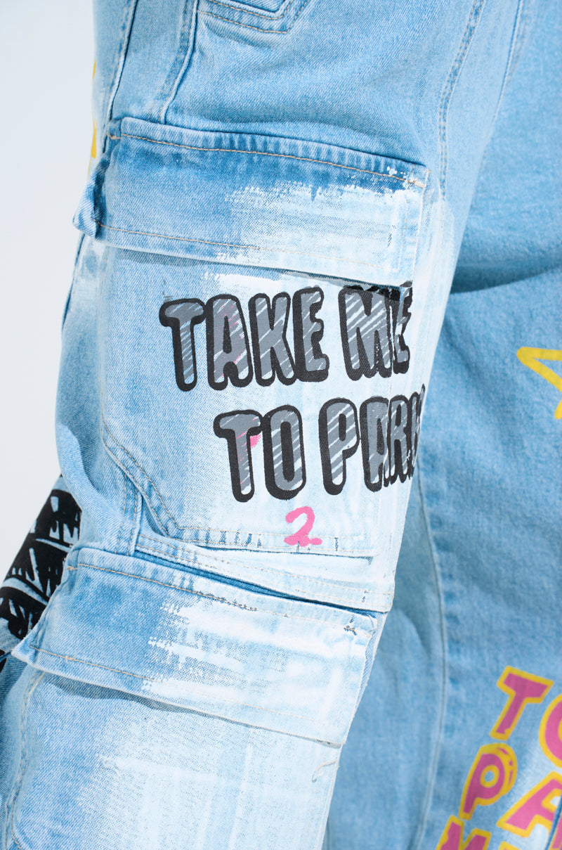 FIRST CLASS TICKET GRAPHIC CARGO RELAXED LEG JEANS