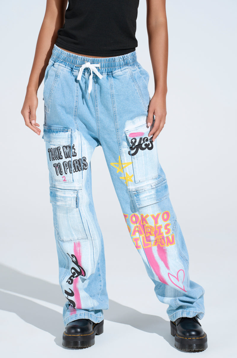 FIRST CLASS TICKET GRAPHIC CARGO RELAXED LEG JEANS