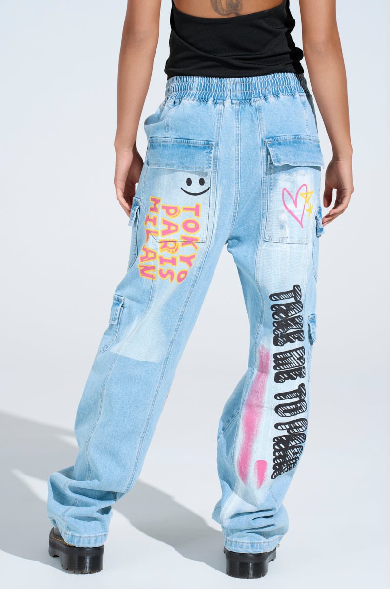 FIRST CLASS TICKET GRAPHIC CARGO RELAXED LEG JEANS