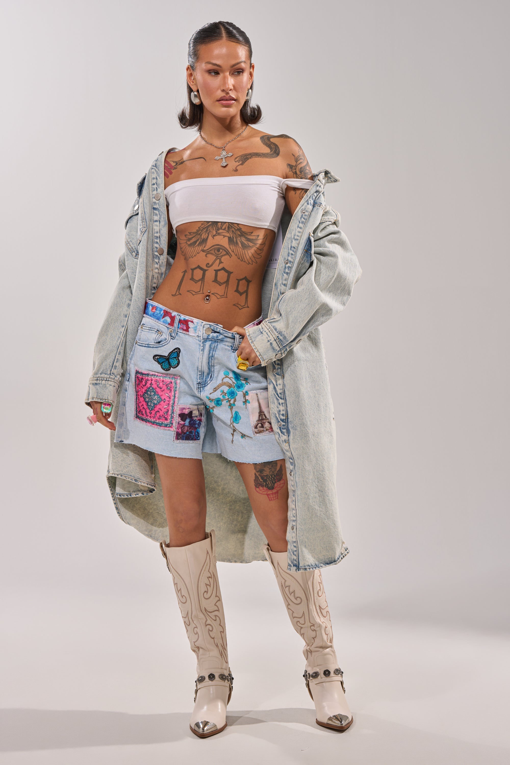 GET THE PICTURE PATCHWORK DENIM SHORTS