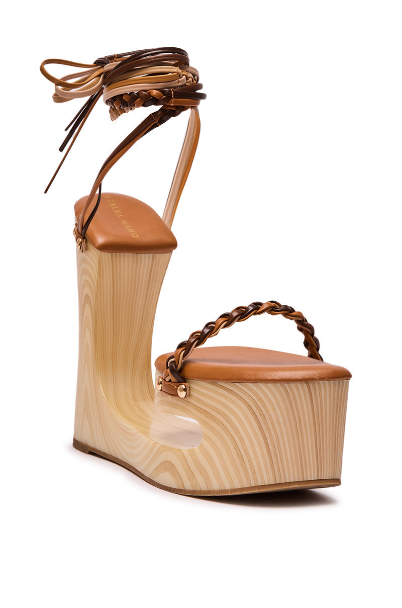 AZALEA WANG FANTASA BROWN HALLOW PLATFORM WEDGE STRAPPY SANDAL