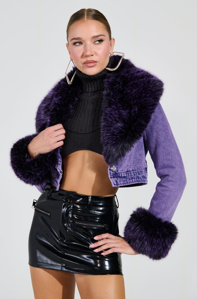 GISELE CROPPED FUR TRIM DENIM JACKET IN PURPLE