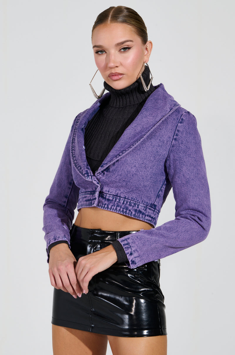 GISELE CROPPED FUR TRIM DENIM JACKET IN PURPLE