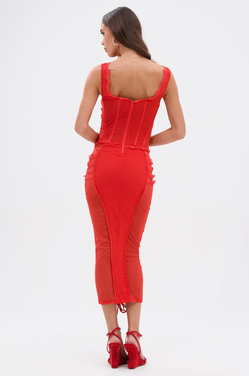 LET ME REMIND YOU LACE UP MESH MIDI DRESS IN RED