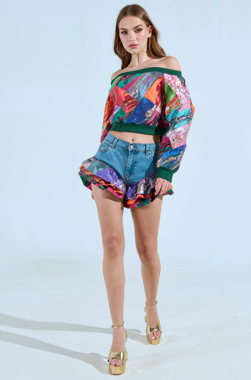 LIFE IS BUT A DREAM BROCADE RUFFLE MULTI PRINT DENIM SHORTS