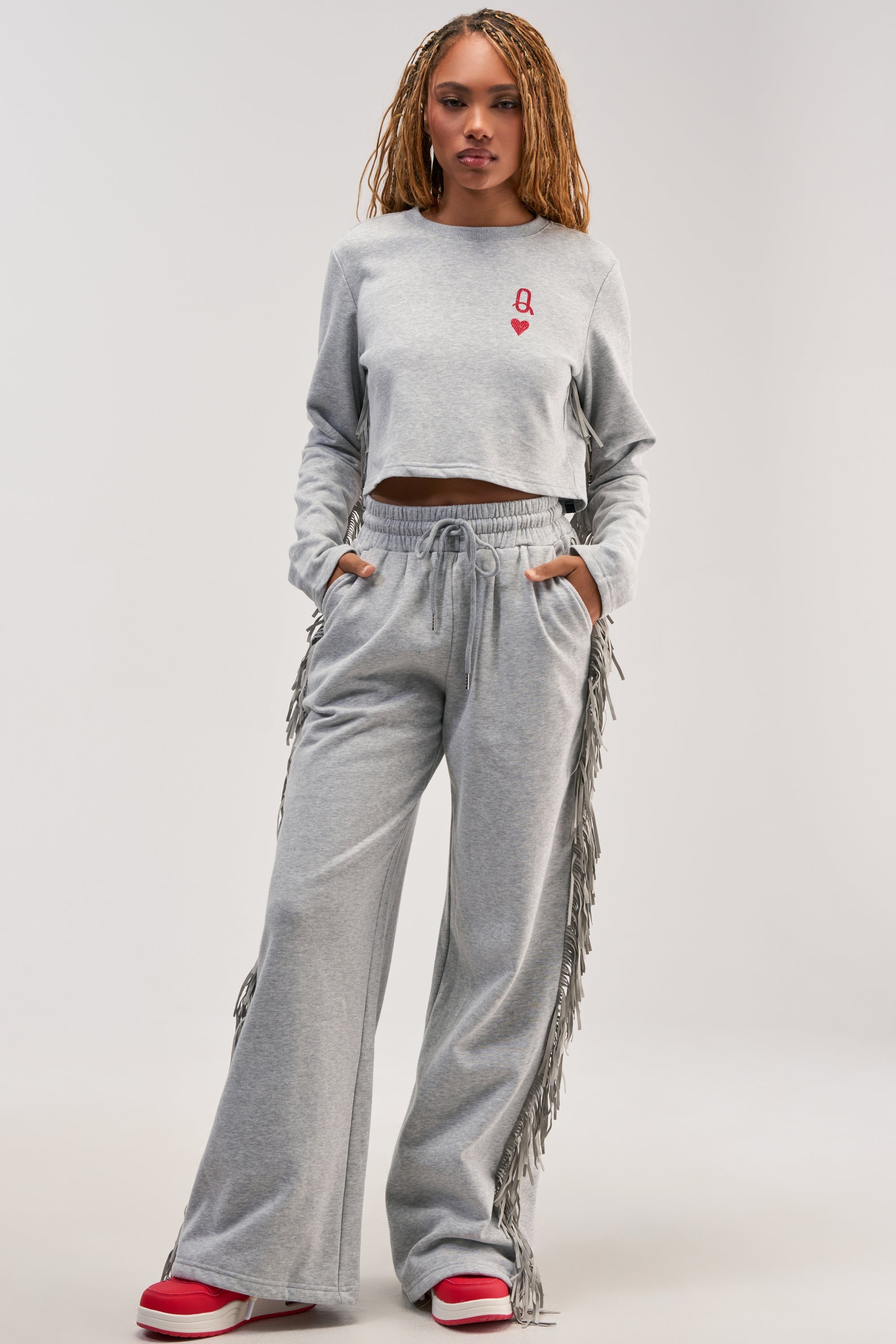 PLAYING CARDS CROP SWEATSHIRT IN HEATHER GREY
