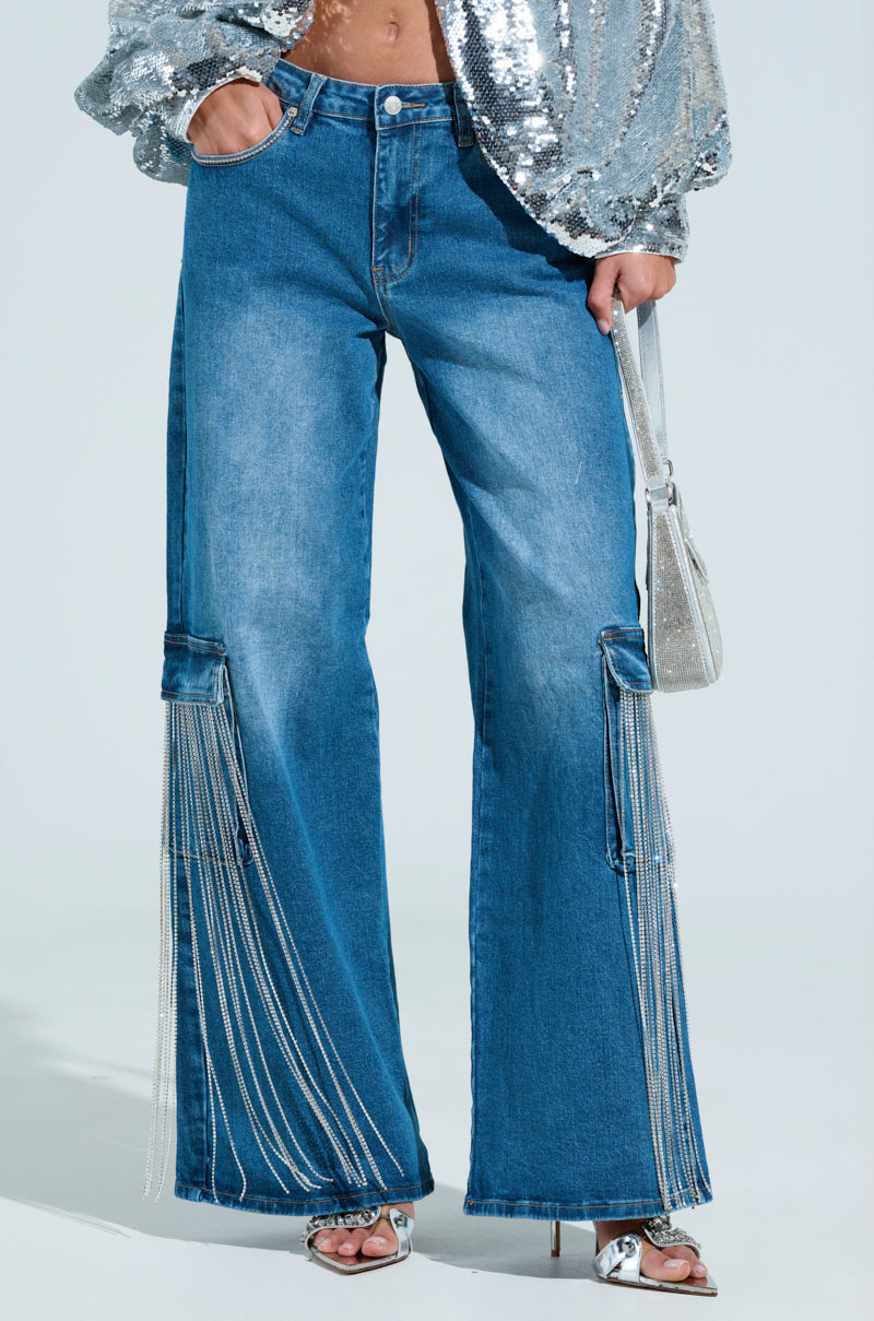 GIMME GIMME RHINESTONE CHAIN CARGO JEANS