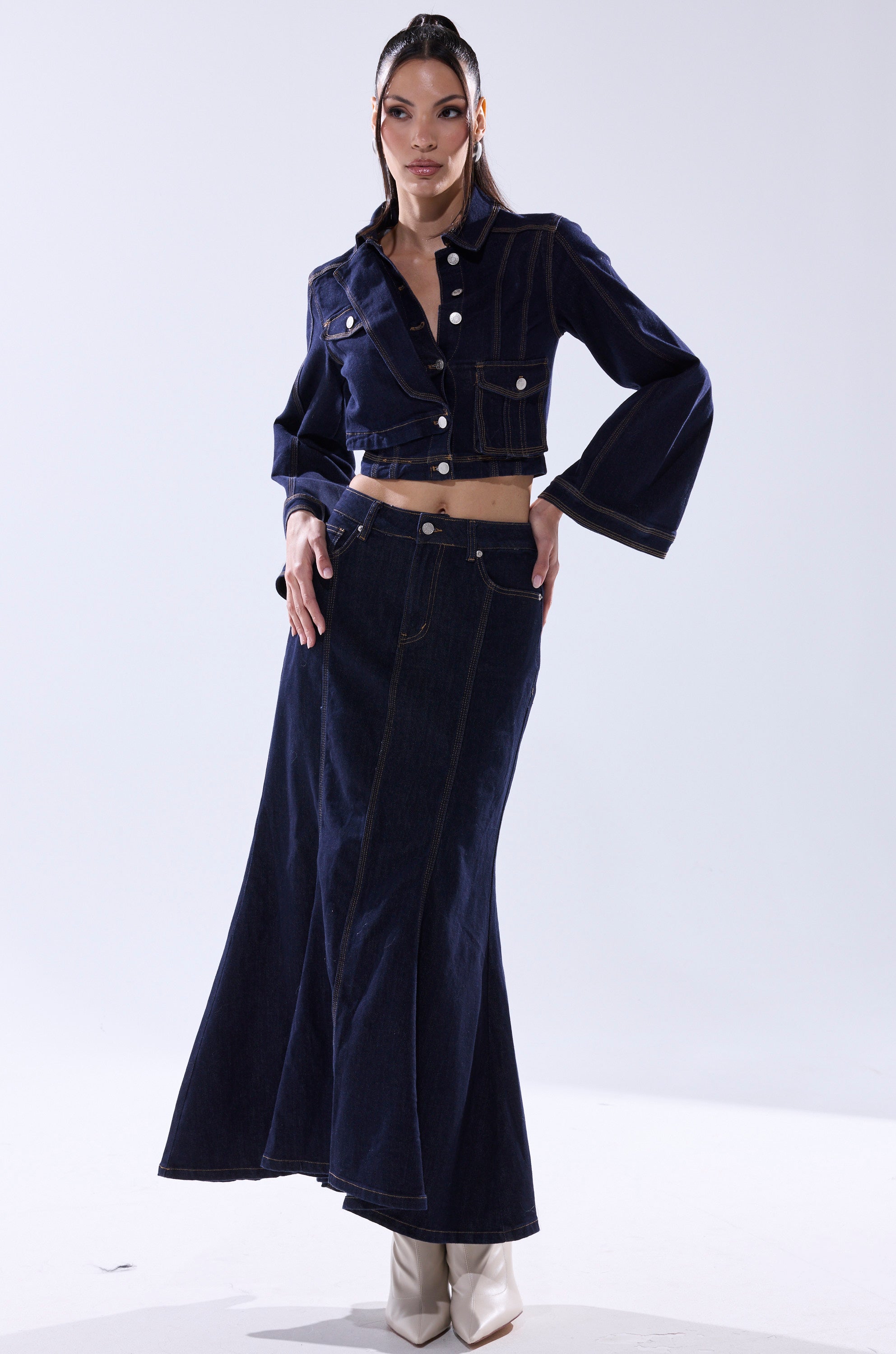 SHES GONE, DANCE ON DENIM MAXI SKIRT