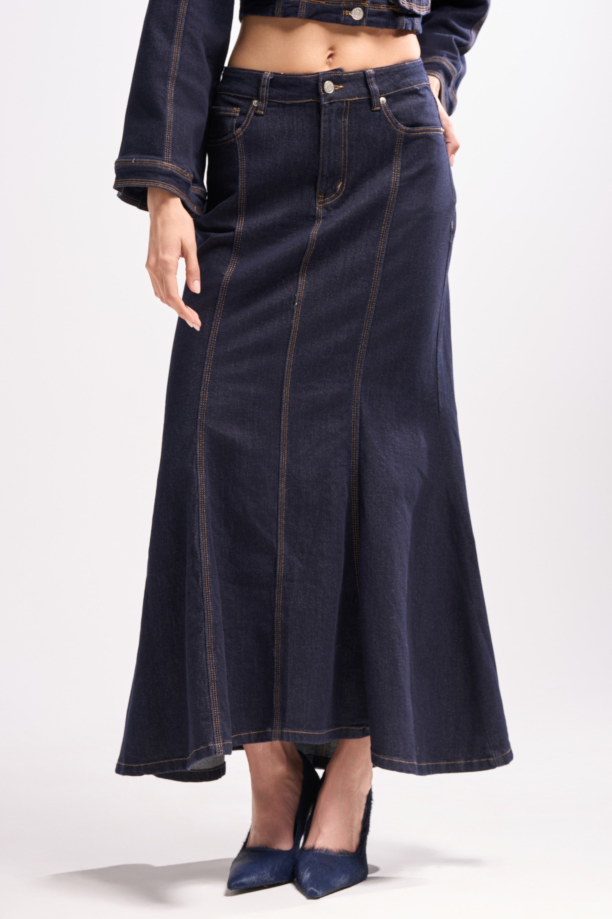 SHES GONE, DANCE ON DENIM MAXI SKIRT