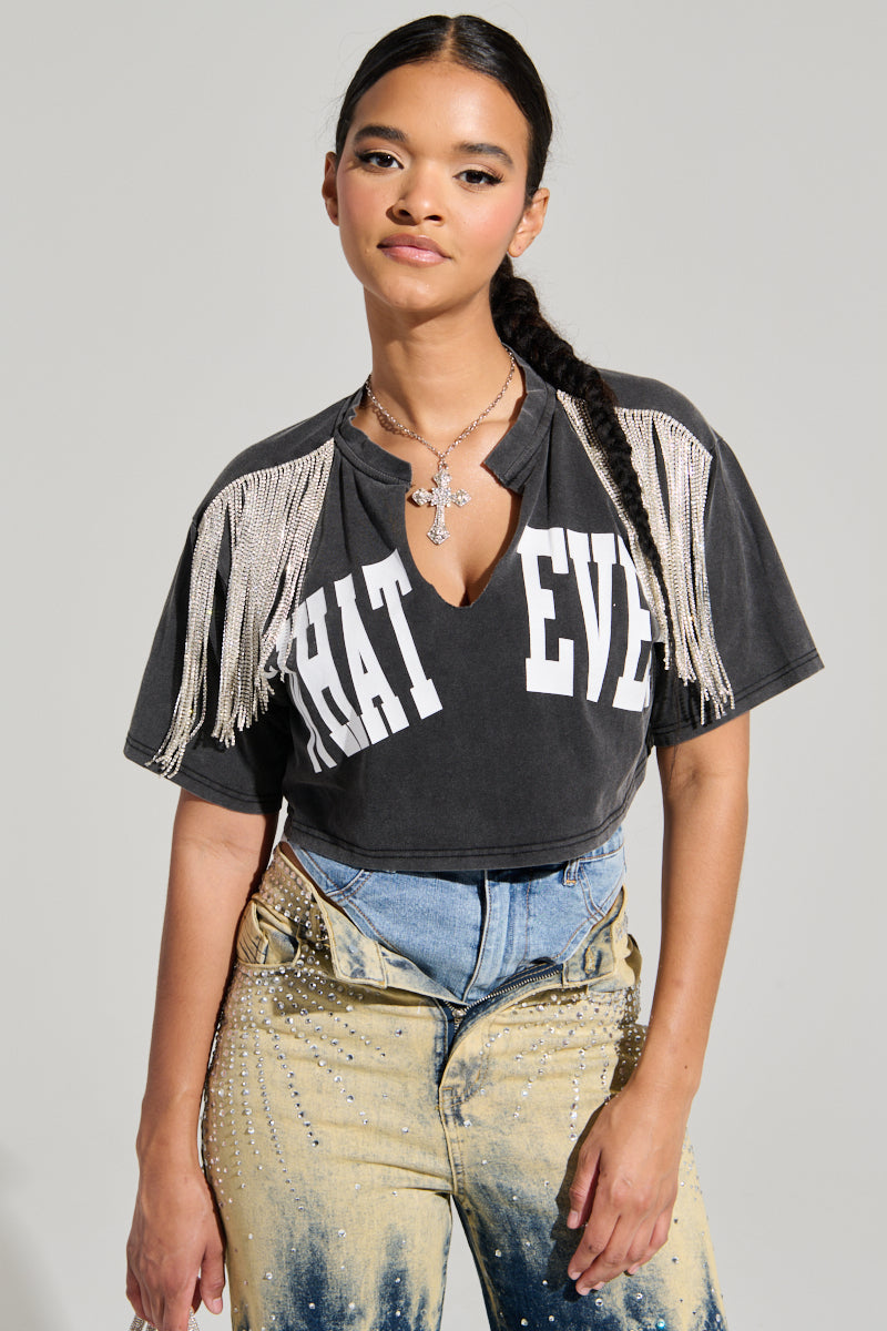 KISS IT SHORT SLEEVE RHINESTIONE FRINGE TEE