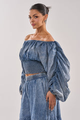 DENIM FOR DAYS OFF THE SHOULDER TOP