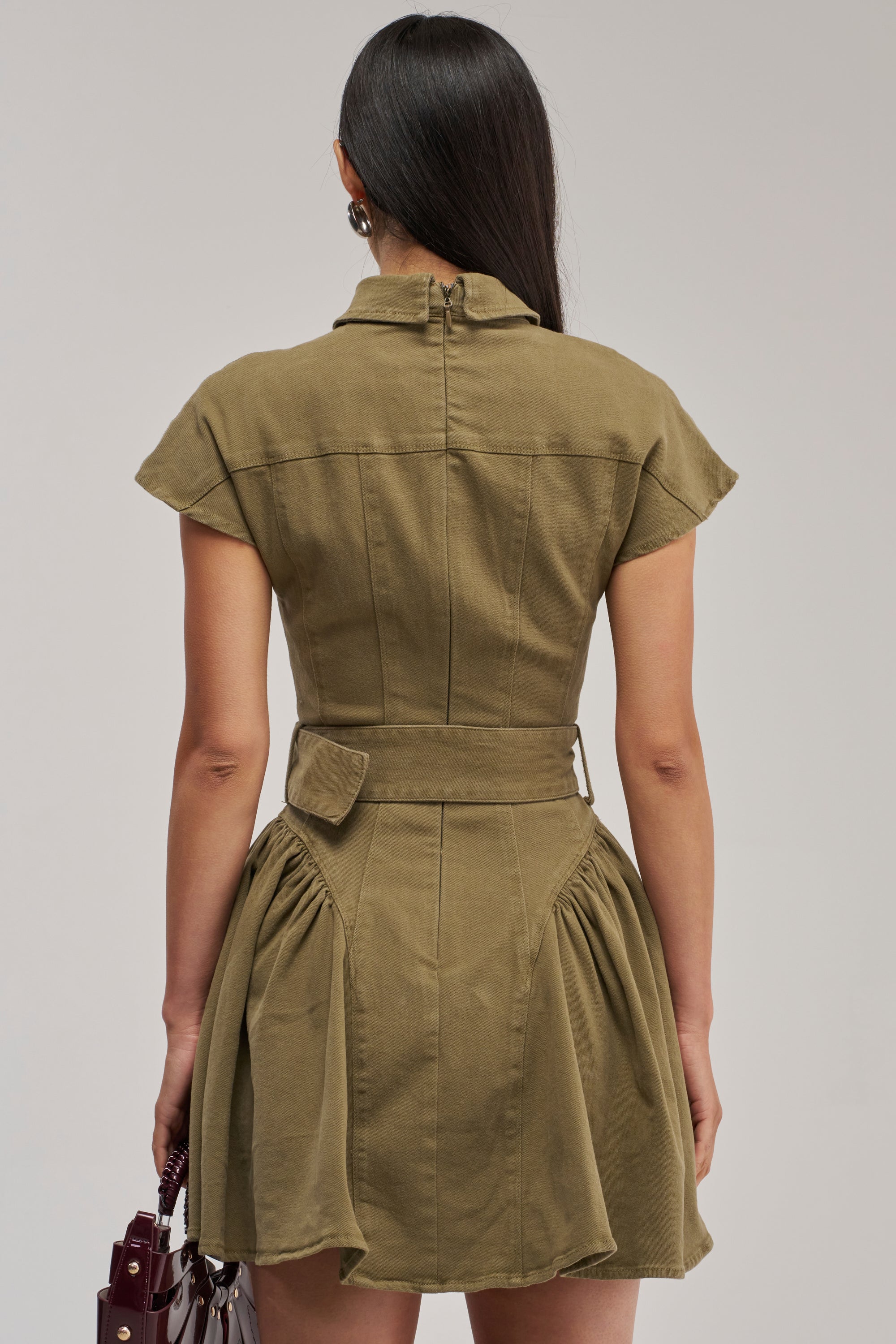 SADIE BUTTON UP MINI DRESS IN OLIVE DENIM