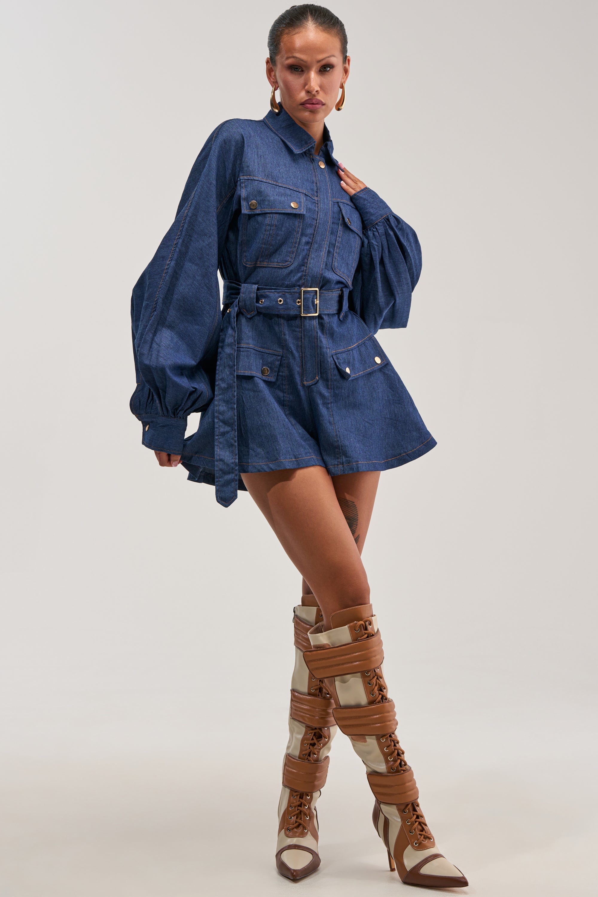 CITYSCAPE BELTED DENIM ROMPER