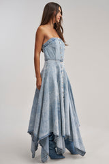 MISS ME YET STRAPLESS DENIM MIDI DRESS