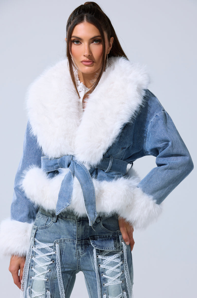 LAINEY FUR TRIM DENIM MOTO