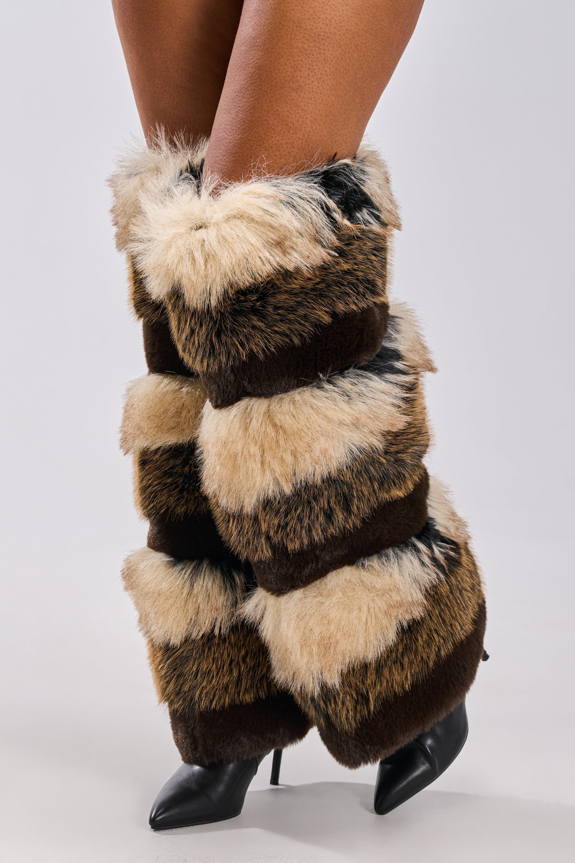 AZALEA WANG LANGLAU BROWN MULTI STILETTO FUR BOOT