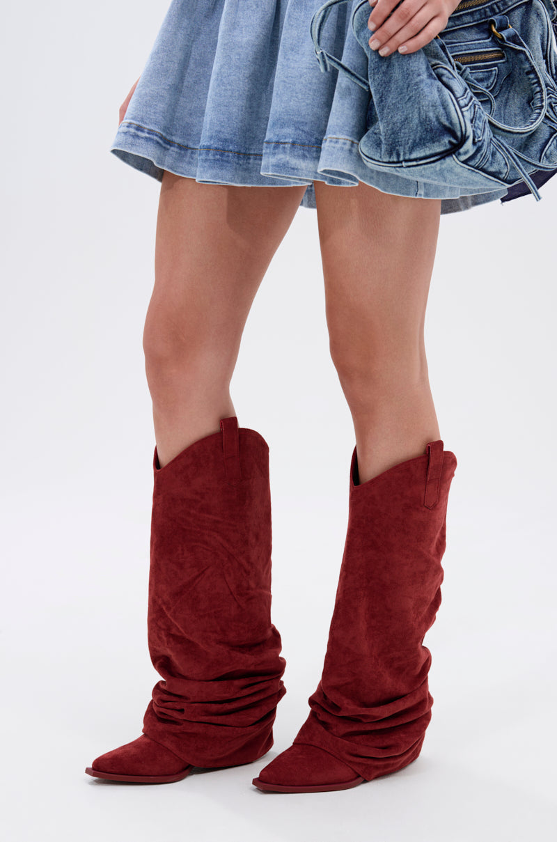 AZALEA WANG LETTICE BURGUNDY FAUX SUEDE WESTERN BOOT