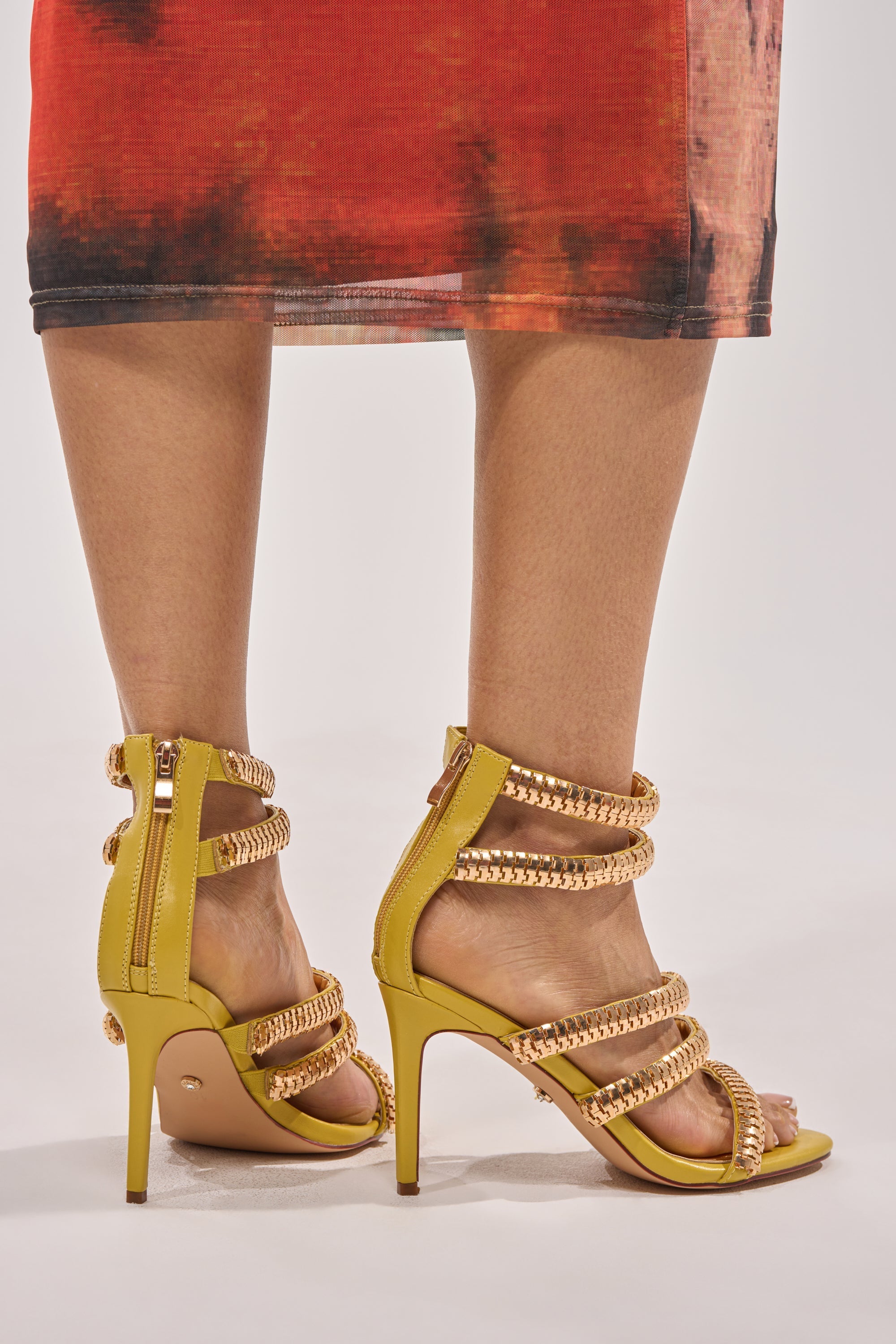 AZALEA WANG MILA CITRON YELLOW GOLD HARDWARE EMBELLISHED STRAPPY STILETTO SANDAL