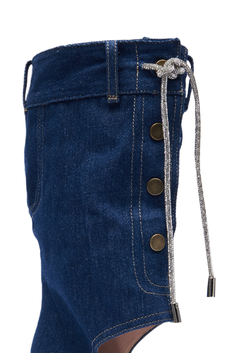 AZALEA WANG MYKEL DENIM GLADIATOR SANDAL WITH RHINESTONE LACE