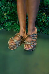 AZALEA WANG OHKAY SNAKE FLATFORM STUD EMBELLISHED SLIP ON SANDAL
