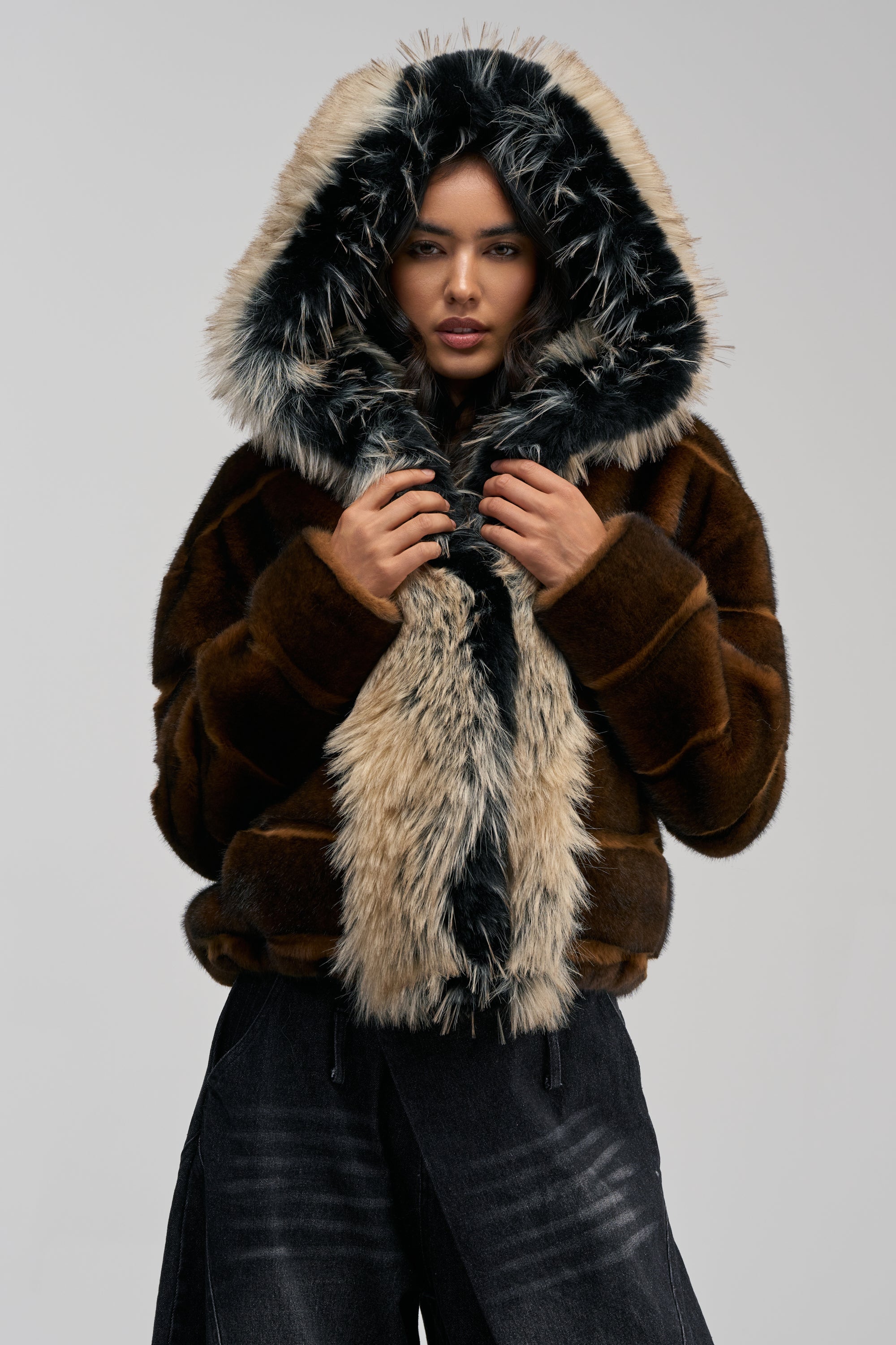 PORTIA HOODED FAUX FUR BOMBER