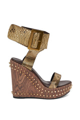 AKIRA GOLD SLOANE BROWN STUD AND SNAKE WEDGE SANDAL