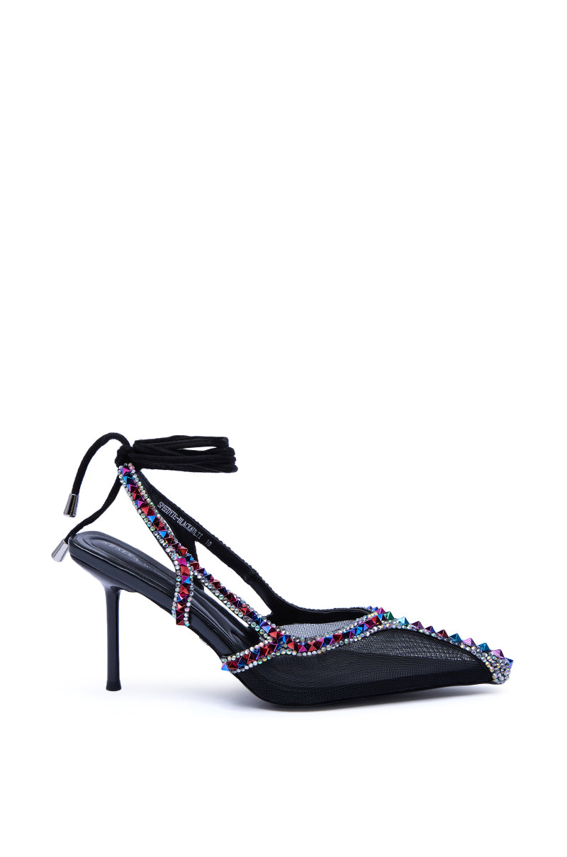 AZALEA WANG SPEEDYIE BLACK MULTI MESH AND MULTI COLORED RHINESTONES PUMP