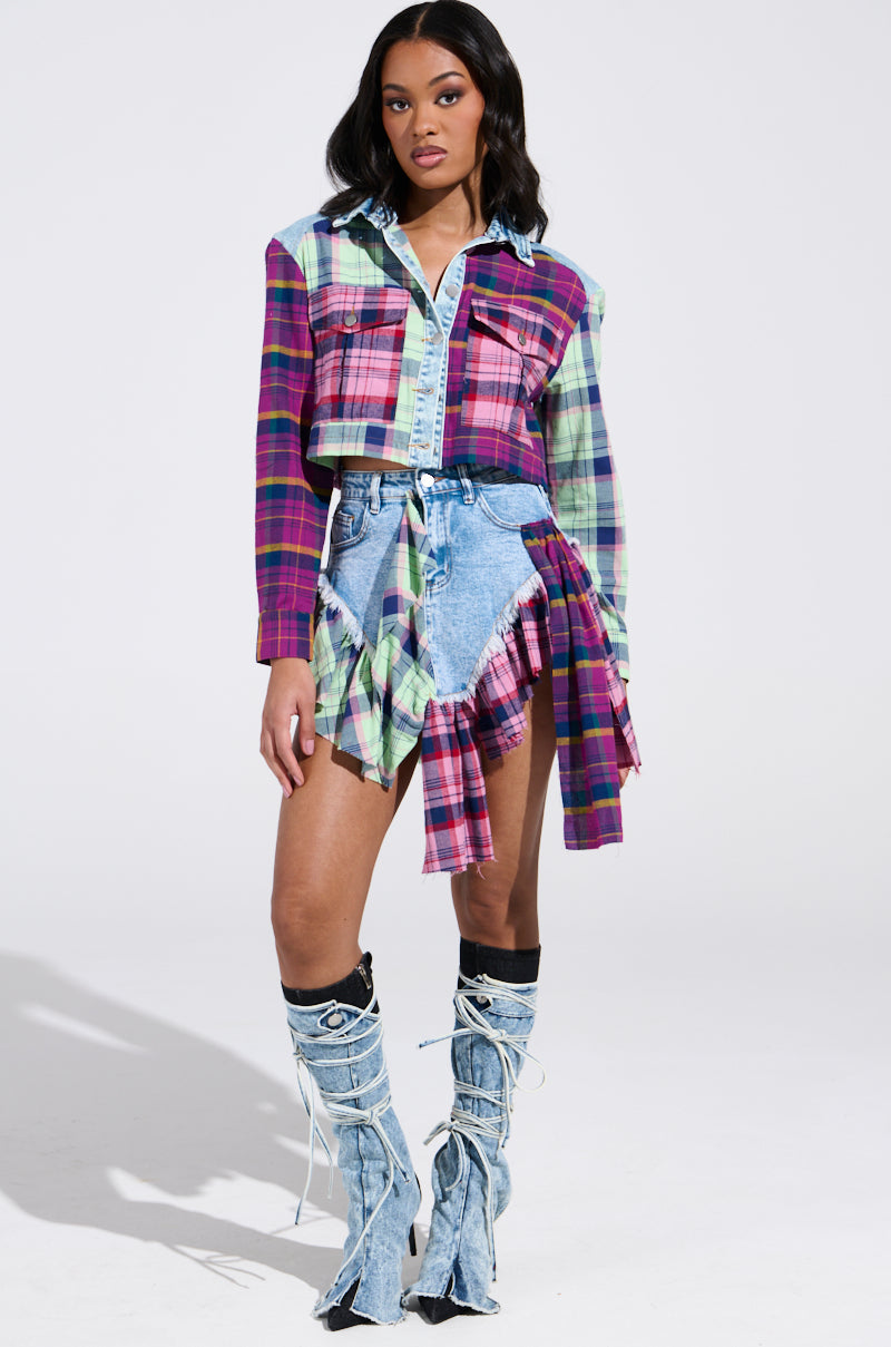 THINK ABOUT ME MORE MINI SKIRT WITH PLAID DETAILS