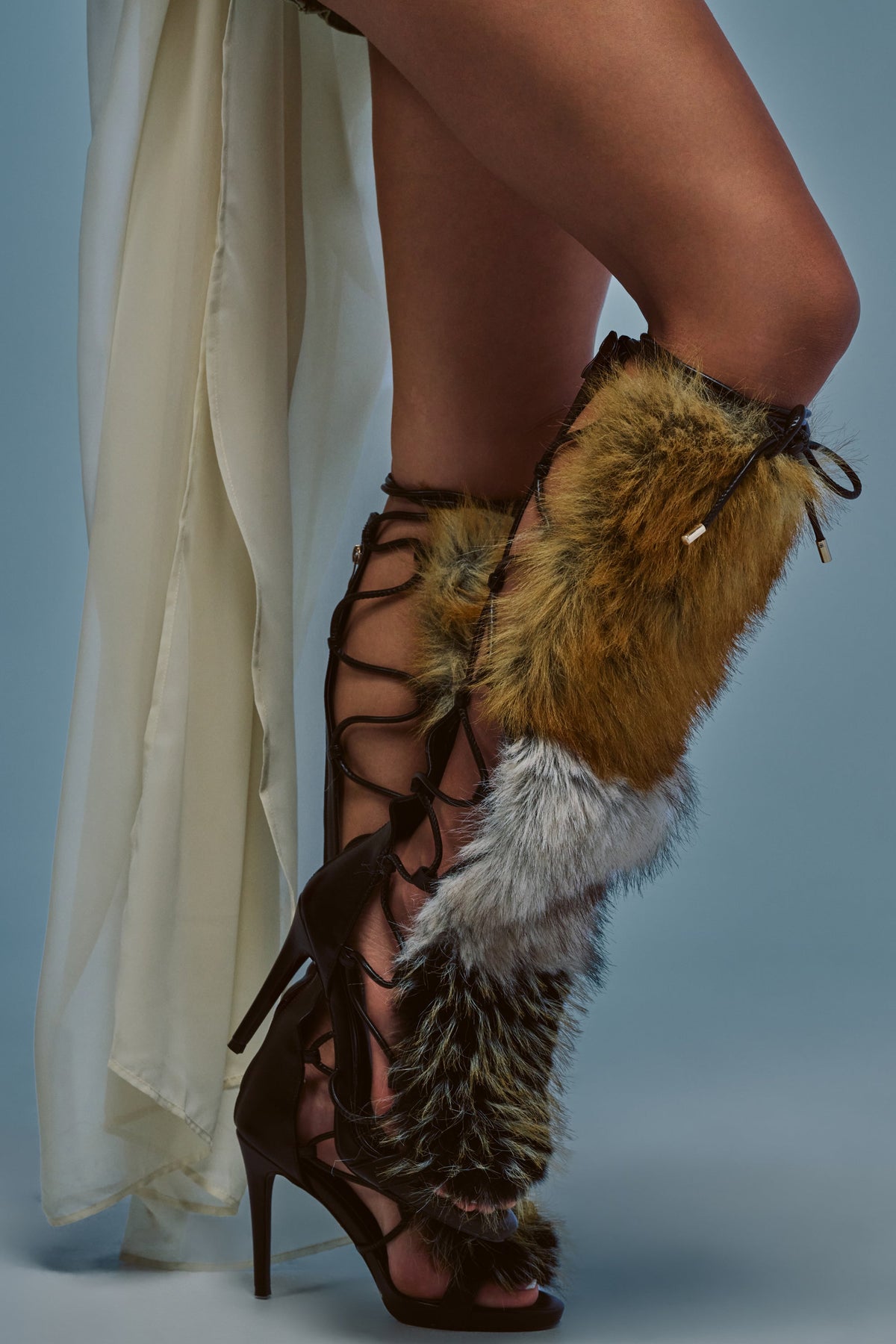 AZALEA WANG STAMOS BLACK MULTI FUR GLADIATOR STILETTO SANDAL
