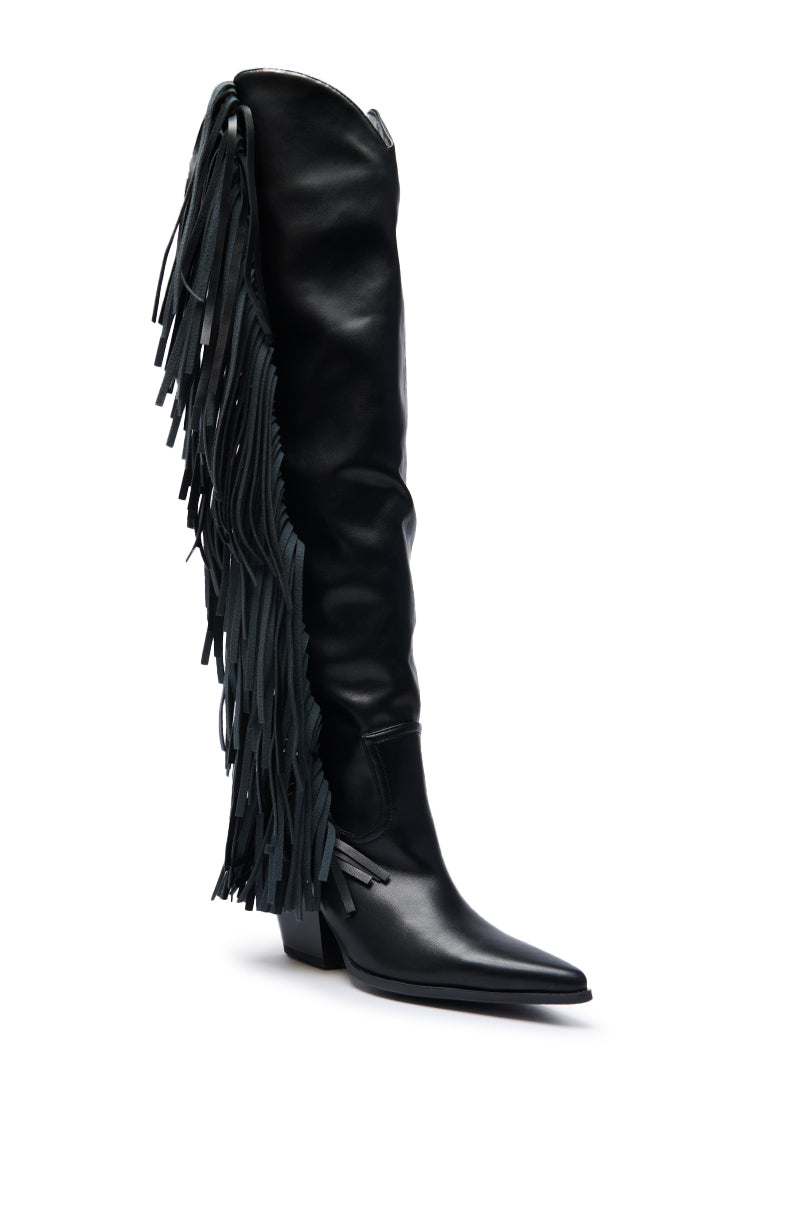 AZALEA WANG SZYMON BLACK WESTERN BOOT WITH FRINGE DETAILING