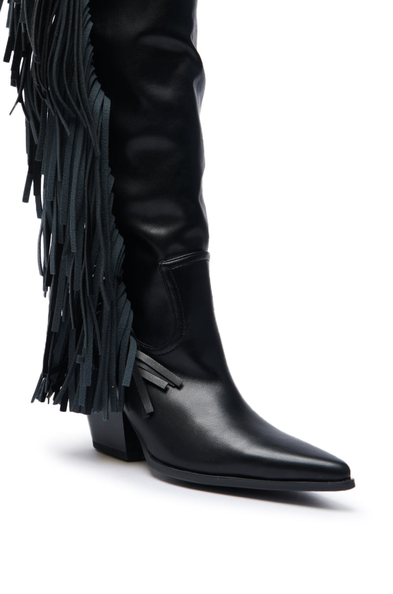 AZALEA WANG SZYMON BLACK WESTERN BOOT WITH FRINGE DETAILING