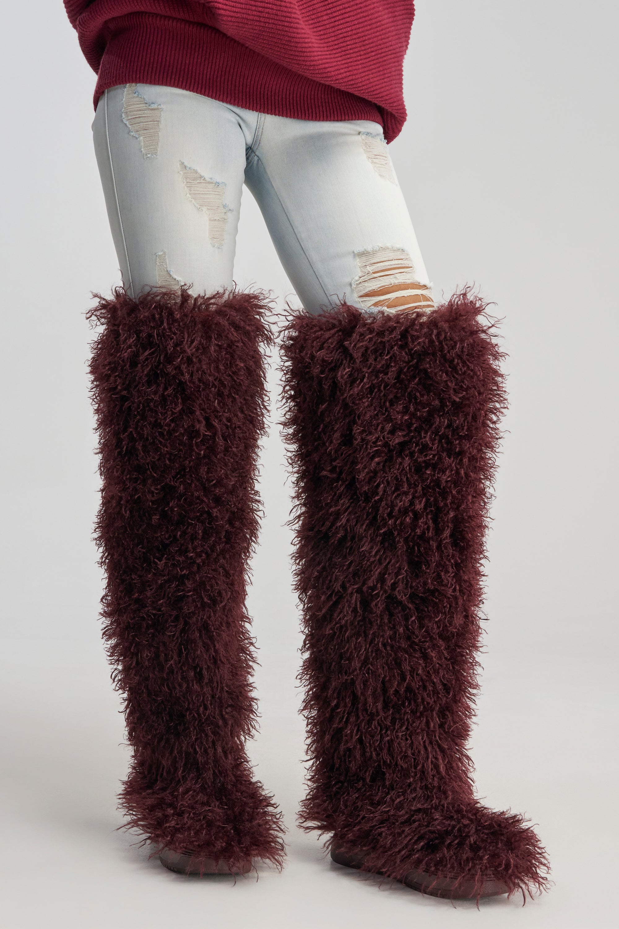 AZALEA WANG TEMPLETON BURGUNDY FAUX POODLE FUR OVER THE KNEE BOOT